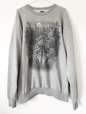 VTG 90s Y2K Unisex Northern Elements Gray Cotton Wolf Forest Moon Sweater XL